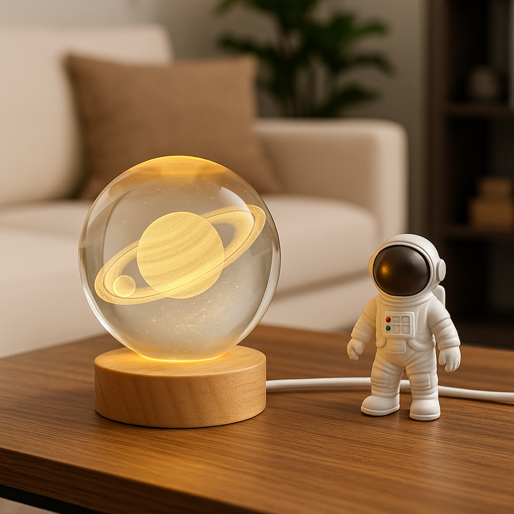 Home Detics™ 3D Engraved Planet Crystal Ball USB Night Lamp – Warm White LED Table Light with Wooden Base