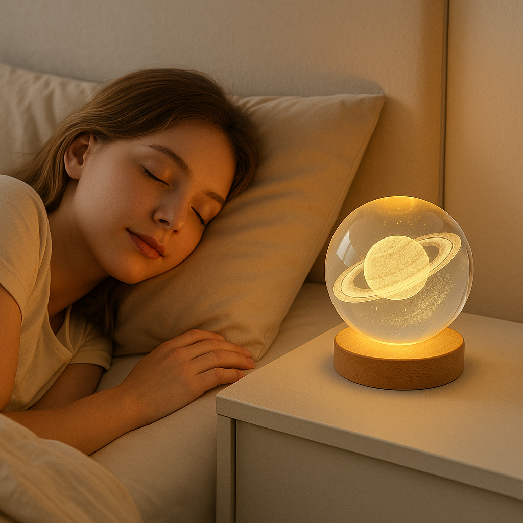 Home Detics™ 3D Engraved Planet Crystal Ball USB Night Lamp – Warm White LED Table Light with Wooden Base