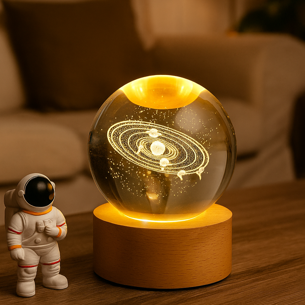 Home Detics™ 3D Engraved Galaxy Crystal Ball USB Night Lamp – Warm White LED Table Light with Wooden Base