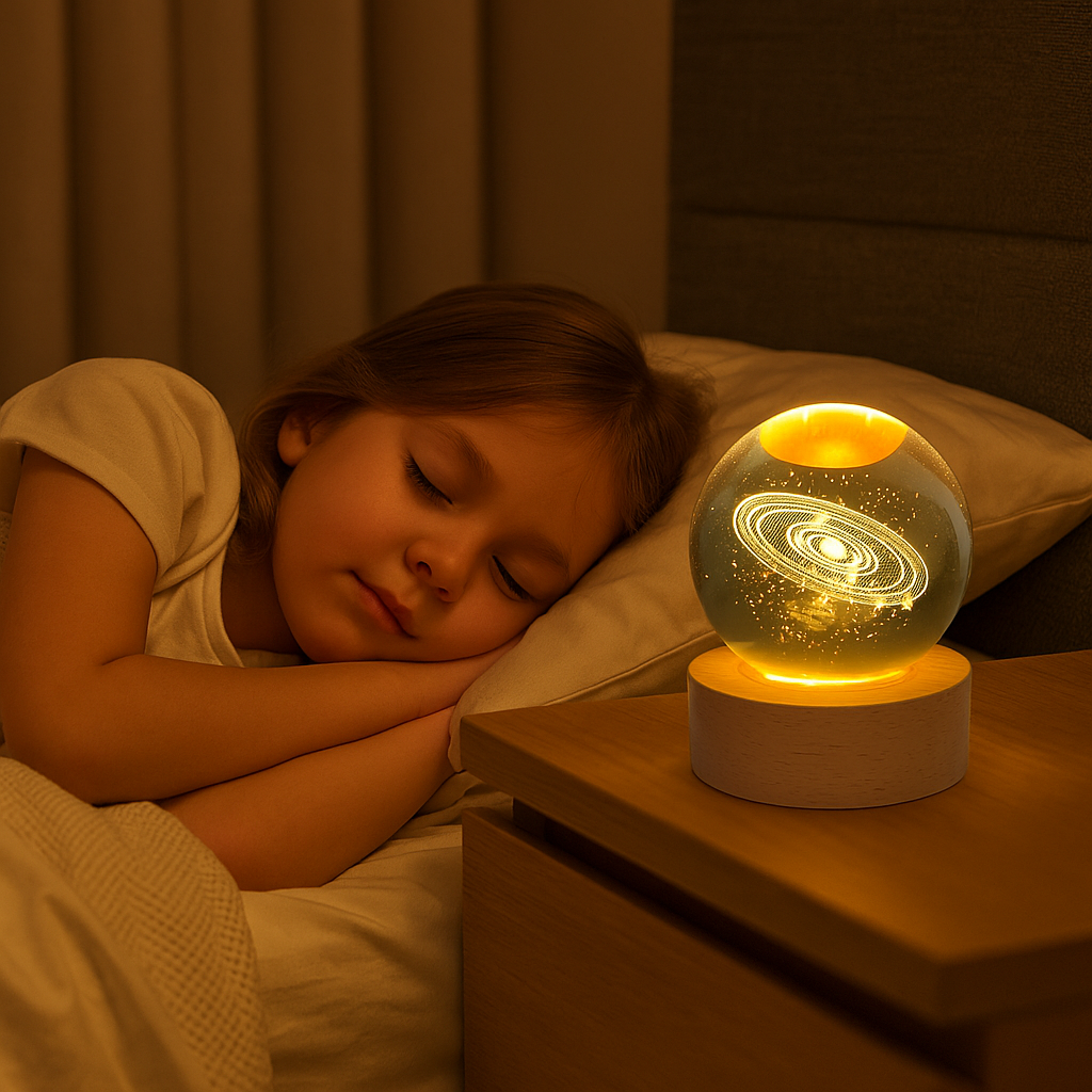 Home Detics™ 3D Engraved Galaxy Crystal Ball USB Night Lamp – Warm White LED Table Light with Wooden Base