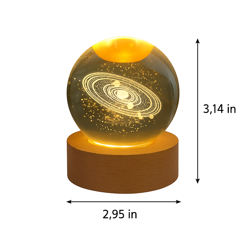 Home Detics™ 3D Engraved Galaxy Crystal Ball USB Night Lamp – Warm White LED Table Light with Wooden Base