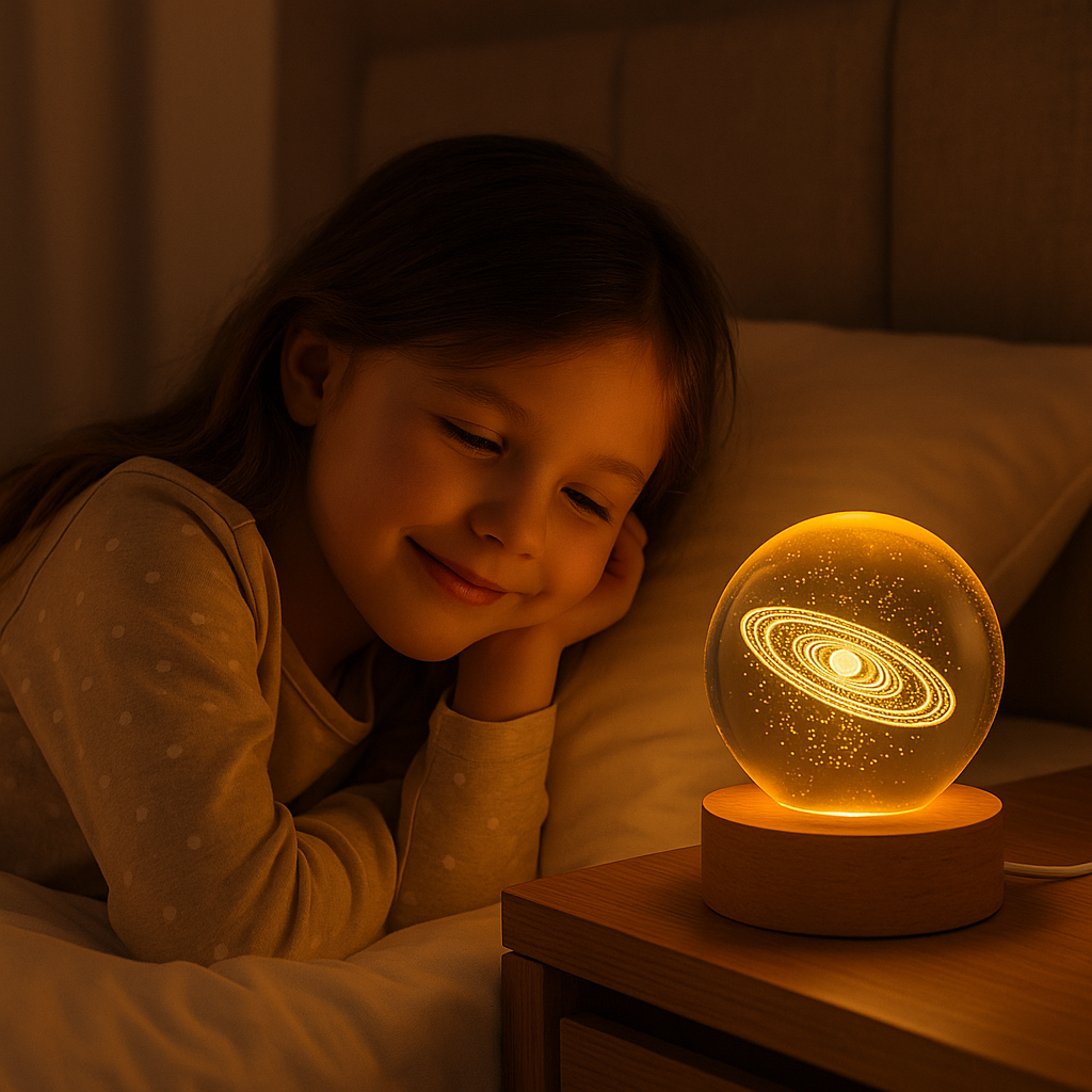Home Detics™ 3D Engraved Galaxy Crystal Ball USB Night Lamp – Warm White LED Table Light with Wooden Base
