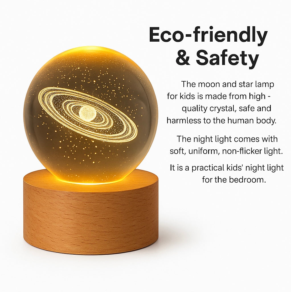 Home Detics™ 3D Engraved Galaxy Crystal Ball USB Night Lamp – Warm White LED Table Light with Wooden Base