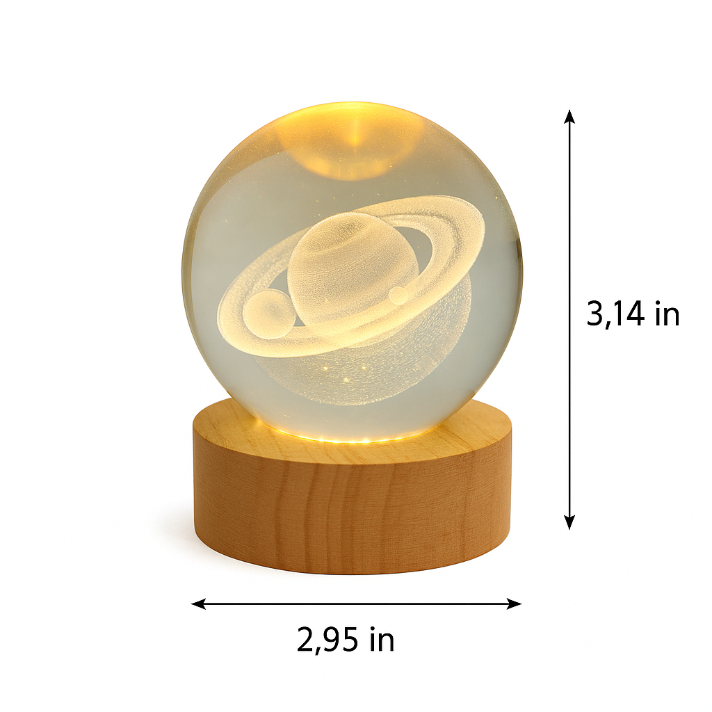 Home Detics™ 3D Engraved Planet Crystal Ball USB Night Lamp – Warm White LED Table Light with Wooden Base