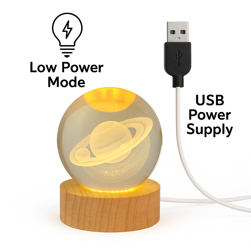 Home Detics™ 3D Engraved Planet Crystal Ball USB Night Lamp – Warm White LED Table Light with Wooden Base