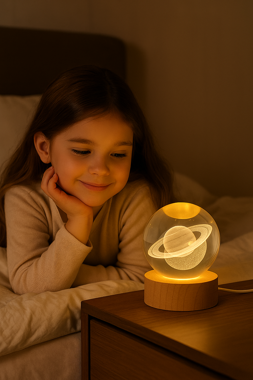 Home Detics™ 3D Engraved Planet Crystal Ball USB Night Lamp – Warm White LED Table Light with Wooden Base