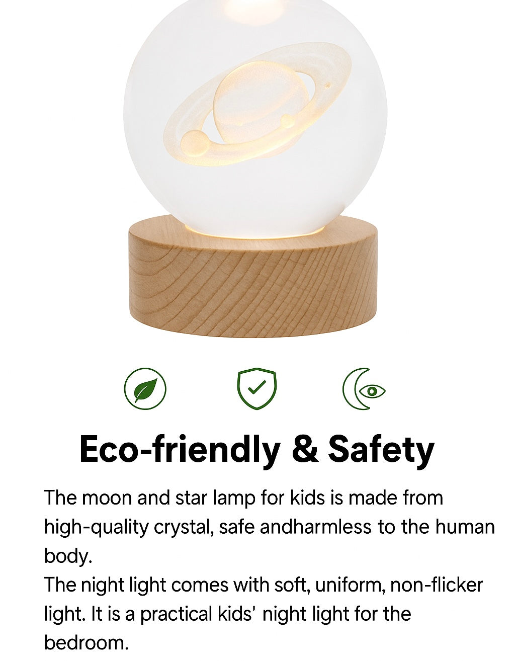 Home Detics™ 3D Engraved Planet Crystal Ball USB Night Lamp – Warm White LED Table Light with Wooden Base